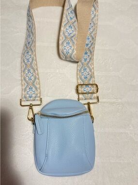 Boho Stylish Light Blue Crossbody Bag with Patterned Strap baby blue color